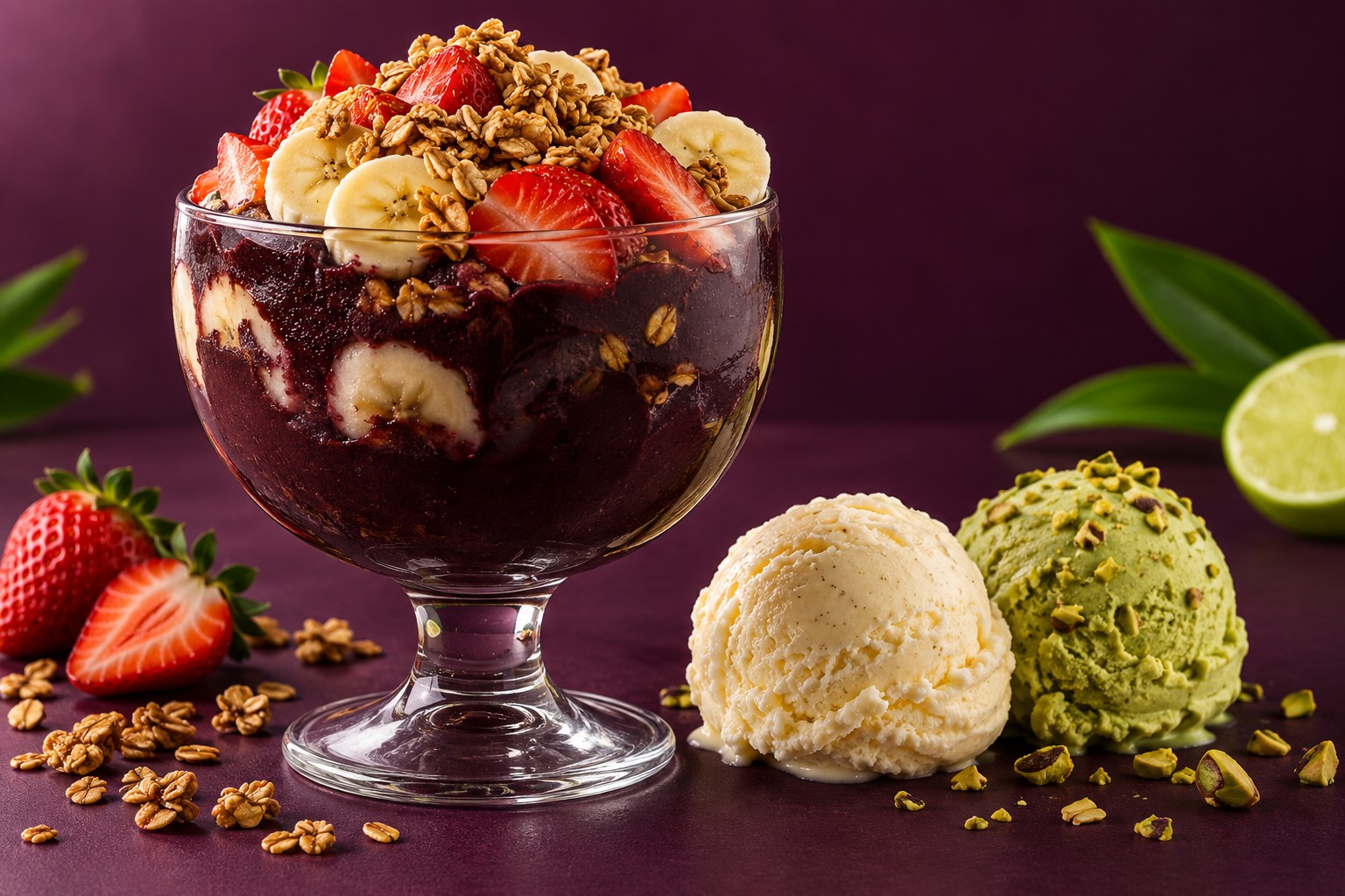 Taça de açaí com frutas e granola, acompanhada de sorvetes